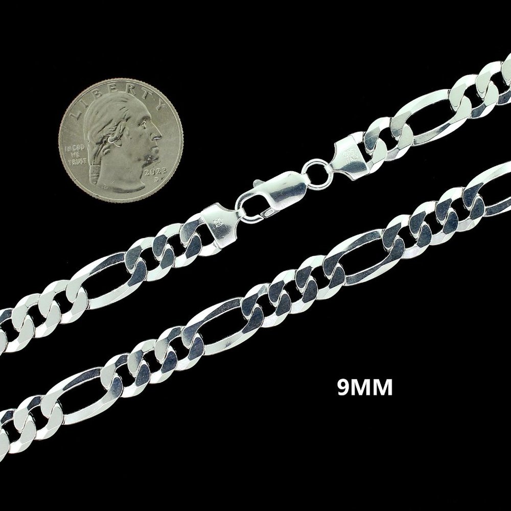 Real SOLID 925 Sterling Silver 9mm 20" Figaro Link Chain Necklace - Picture 2 of 6